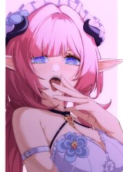 Rule 34 | 1girl, absurdres, bare shoulders, black choker, blue eyes, breasts, chinese commentary, choker, cleavage, commentary request, elf, elysia (honkai impact), elysia (miss pink) (honkai impact), elysia (miss pink elf) (honkai impact), fake horns, grey background, highres, honkai (series), honkai impact 3rd, horns, large breasts, long hair, maid headdress, official alternate costume, open mouth, pink hair, pointy ears, solo, tongue, tongue out, upper body, zero-two0202
