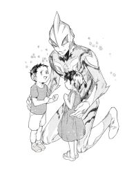 1girl 2boys :d alien child clenched_hands color_timer colored_skin commentary_request dress flower greyscale happy hatching_(texture) highres kneeling ling_du monochrome multicolored_skin multiple_boys no_pupils open_mouth sandals shirt shoes short_hair short_twintails shorts simple_background smile socks star_(symbol) tokusatsu twintails two-tone_skin ultra_series ultraman_geed ultraman_geed_(series)