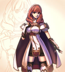 1girl armor armored_boots black_gloves black_skirt black_thighhighs boots breastplate cape celica_(fire_emblem) choker dress earrings fingerless_gloves fire_emblem fire_emblem_echoes:_shadows_of_valentia gloves highres jewelry long_hair nintendo princess red_eyes red_hair rodc_art skirt thighhighs tiara white_armor white_dress