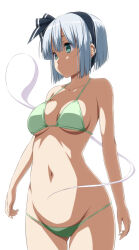 1girl absurdres bikini black_hair black_hairband breasts closed_mouth green_bikini green_eyes grey_hair hairband highres konpaku_youmu konpaku_youmu_(ghost) medium_breasts navel nori_tamago short_hair simple_background solo swimsuit touhou white_background