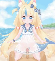 1boy 1girl :3 :d ahoge animal_ear_fluff animal_ears animated animated_gif bare_arms bare_legs beach blonde_hair blue_bow blue_bowtie blue_eyes blue_hair blue_sailor_collar blue_scrunchie blue_sky blush bow bowtie breast_pocket buttons cat_ears center-flap_bangs clothed_female_nude_male clothed_sex cloud cloudy_sky commentary_request cowgirl_position day dress ear_wiggle erection fins fish_girl fish_tail flat_chest frilled_dress frilled_shirt_collar frills gluteal_fold hair_bow hair_flaps happy_sex hetero indie_virtual_youtuber just_the_tip lifebuoy_hair_ornament lighthouse loli long_hair looking_at_viewer low_twintails lowres multicolored_hair nude ocean oldb one_side_up open_mouth outdoors paid_reward_available penis pocket pov pov_crotch public_indecency public_nudity sailor_collar sailor_dress sameko_saba scrunchie see-through_clothes see-through_dress sex shore short_dress single_ear_down sky smile solo_focus straddling straight-on streaked_hair tail tareme twintails uncensored vaginal variant_set veins veiny_penis very_long_hair virtual_youtuber white_dress wrist_scrunchie