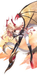 1girl absurdres arm_behind_back bare_shoulders bent_over black_boots black_leotard blonde_hair bodysuit boots brown_gloves clothing_cutout crossed_bangs dragon_girl dragon_horns dragon_tail dragon_wings gloves highres holding holding_polearm holding_weapon horns leotard looking_at_viewer one_eye_closed polearm shadowverse shoulder_cutout single_thigh_boot solo sukaliya tail thigh_boots weapon white_bodysuit wings yellow_eyes