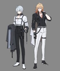 Rule 34 | 2boys, absurdres, ahoge, alternate costume, black gloves, black pants, black shirt, black shoes, blonde hair, blue eyes, chest tattoo, coat, full body, gloves, grey background, highres, holding, holding coat, holding unworn clothes, honkai: star rail, honkai (series), male focus, medium hair, multiple boys, mydei (honkai: star rail), pants, papajay (jennygin2), phainon (honkai: star rail), red tattoo, shirt, shoes, short hair, simple background, tattoo, unworn coat, white hair, white pants, white shirt, white shoes, yellow eyes