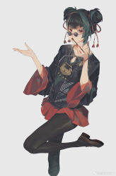 Rule 34 | 1girl, absurdres, black hair, black pantyhose, black shirt, changmingsuo, changmingsuo (guilongchao), chinese commentary, chopsticks, commentary request, double bun, eating, green hair, grey background, guilongchao, hair bun, hair ribbon, hands up, highres, holding, holding chopsticks, lock necklace, long sleeves, looking at viewer, multicolored hair, pantyhose, pleated skirt, red eyes, red ribbon, red skirt, ribbon, round eyewear, shirt, short hair, shu kunkuokuozi, simple background, single sidelock, skirt, solo, standing, standing on one leg, streaked hair, sunglasses, watermark, weibo watermark