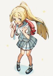1girl :o alien_ashi backpack bag blonde_hair clenched_hands full_body green_eyes highres lillie_(pokemon) long_hair looking_to_the_side nintendo open_mouth pleated_skirt poke_ball poke_ball_(basic) pokemon pokemon_sm ponytail red_bag shirt shoes skirt solo star_(symbol) teeth upper_teeth_only white_background white_shirt white_skirt