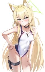 Rule 34 | 1girl, absurdres, animal ear fluff, animal ears, belt, black choker, blonde hair, blue archive, blush, breasts, choker, closed mouth, commentary request, covered navel, cowboy shot, fox ears, fox girl, green eyes, green halo, halo, highres, kuromiz, kurumi (blue archive), long hair, long sidelocks, looking at viewer, one-piece swimsuit, sidelocks, simple background, small breasts, solo, swimsuit, thigh belt, thigh strap, triangle halo, two-tone one-piece swimsuit, very long hair, white background