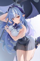 1girl adapted_costume arm_up backless_shirt black_shoes black_skirt breasts closed_mouth dot_mouth drill_hair head_rest high_heels highres hino_kagutsuki holding holding_umbrella looking_at_viewer lying medium_breasts multicolored_hair on_side pointy_ears purple_hair purple_umbrella red_eyes see-through_silhouette shirt shoes skirt solo streaked_hair thigh_gap umbrella vivian_(zenless_zone_zero) white_hair white_shirt zenless_zone_zero