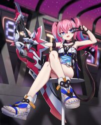 1girl :d absurdres armpits black_gloves blue_eyes blue_nails blurry blurry_background crossed_legs delta_(8-bit_fever)_(honkai_impact) delta_(honkai_impact) dress full_body gloves greatsword highres holding holding_sword holding_weapon honkai_(series) honkai_impact_3rd long_hair looking_at_viewer nail_polish night night_sky open_mouth partially_fingerless_gloves pink_hair pink_nails rozaliya_olenyeva sandals second-party_source single_glove sitting sky smile solo star_(sky) starry_sky sword tail toenail_polish toenails toes twintails v weapon yakob_labo
