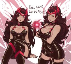 1girl aneurysm_ax avengers_(series) boots breasts brown_hair dress gloves highres long_hair looking_at_viewer magic marvel marvel_rivals scarlet_witch solo wanda_maximoff yellow_eyes