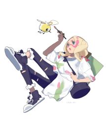 1girl backpack bag blonde_hair blue_eyes bright_pupils capri_pants cutiefly denim duffel_bag full_body gen_7_pokemon half-closed_eyes holding holding_paintbrush hp45_301 jeans long_hair lying mina_(pokemon) notebook open_mouth paint_in_hair paint_splatter paint_splatter_on_face paintbrush pants ponytail shoes sneakers solo torn_clothes torn_jeans torn_pants white_background wide-eyed