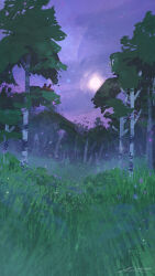artist_name bird bird_nest commentary english_commentary flower forest full_moon grass moon nature night night_sky no_humans original outdoors purple_flower purple_sky scenery signature sky star_(sky) tree zandra