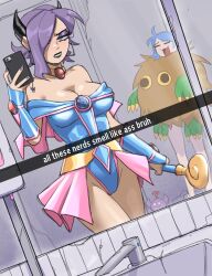 2girls :d absurdres bare_shoulders blue_leotard breasts cleavage cosplay cowboy_shot dark_magician_girl dark_magician_girl_(cosplay) detached_sleeves earrings gingrjoke groin happy highres horns indoors jewelry kuriboh kuriboh_(cosplay) large_breasts leotard liz_(gingrjoke) looking_at_viewer mirror multiple_girls nail_polish open_mouth original pink_nails purple_hair selfie short_hair smile yu-gi-oh!