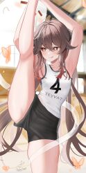 1girl :q alternate_costume armpits arms_up black_shorts blurry blurry_background blush boo_tao_(genshin_impact) brown_hair commentary_request covered_navel cowboy_shot elbow_pads flower-shaped_pupils genshin_impact highres hu_tao_(genshin_impact) kabu_usagi knee_pads long_hair looking_to_the_side low_twintails number_print paid_reward_available print_shirt shirt short_hair short_shorts shorts sidelocks signature skindentation sleeveless sleeveless_shirt solo split sportswear standing standing_on_one_leg standing_split stretching symbol-shaped_pupils textless_version thick_thighs thighhighs thighs tongue tongue_out twintails v-shaped_eyebrows volleyball_uniform white_shirt white_thighhighs