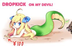 Rule 34 | 1girl, afterimage, ahoge, arrow (symbol), black eyes, blonde hair, blue eyes, blue ribbon, blush, coin, copyright name, drooling, english text, from side, hair ribbon, head rest, jashin-chan, jashin-chan dropkick, liricolilium, long hair, looking at viewer, lying, monster, monster girl, motion lines, on ground, on stomach, parted lips, pointy ears, ribbon, saliva, tail, tail wagging, very long hair
