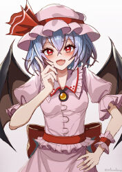 1girl absurdres ascot back_bow bat_wings blue_hair bow fang hat hat_ribbon highres looking_at_viewer mob_cap open_mouth pink_hat pointing pointing_up puffy_sleeves red_ascot red_bow red_eyes remilia_scarlet ribbon short_hair short_sleeves skin_fang smile solo tofuandsoup touhou wings wrist_cuffs