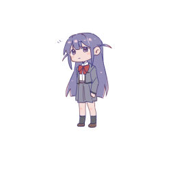 Rule 34 | 1girl, :|, arm at side, black socks, blunt bangs, blush stickers, bow, bowtie, brown shoes, chinese commentary, closed mouth, commentary request, deformed, grey jacket, grey skirt, highres, invisible floor, jacket, kneehighs, long hair, looking ahead, negative space, notice lines, open clothes, open jacket, pleated skirt, purple eyes, purple hair, red bow, red bowtie, rei931218, school uniform, seishou music academy uniform, shirt, shoes, shoujo kageki revue starlight, sidelocks, skirt, socks, solo, standing, tsuyuzaki mahiru, two side up, very long hair, white shirt