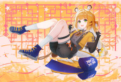 1girl animal_ear_fluff animal_ears blonde_hair commentary gloves green_eyes highres jacket ju_fufu long_hair looking_at_viewer multicolored_hair open_mouth rswifhand shirt shorts smile solo tail tiger_ears tiger_girl tiger_tail zenless_zone_zero