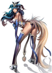 1girl ass beige_skin breasts corset detached_sleeves facial_mark floating_hair full_body green_hair hair_ornament horns kdash large_breasts long_hair looking_at_viewer looking_back nervous original red_eyes shoes tail thighhighs white_background