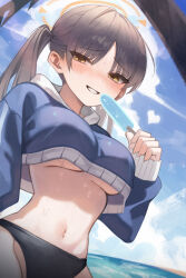 1girl absurdres bikini black_bikini blue_archive blue_sky blue_sweater breasts brown_eyes brown_hair cloud cropped_sweater food gi_myeong_02 halo highres holding holding_food holding_popsicle large_breasts long_hair looking_at_viewer moe_(blue_archive) moe_(swimsuit)_(blue_archive) navel no_bra ocean official_alternate_costume official_alternate_hairstyle orange_halo outdoors parted_lips popsicle sky solo stomach sweater swimsuit twintails underboob