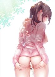 Rule 34 | 1girl, ass, back, blush, breasts, brown hair, cum, cum in ass, cumdrip, edogawa roman, female pubic hair, hood, hooded jacket, jacket, looking at viewer, nipples, original, pubic hair, solo, spread ass, sweat, twintails