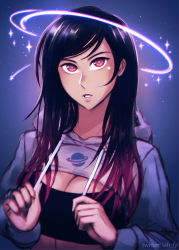 1girl 88_(mike_nesbitt) black_hair borrowed_character breasts cleavage crop_top cropped_hoodie drawstring female_focus gradient_hair halo hood hood_down hoodie iahfy looking_at_viewer multicolored_hair original red_eyes red_hair solo sports_bra star star_(symbol) star_symbol_background two-tone_hair upper_body