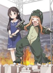Rule 34 | 2girls, :d, ^ ^, black hair, blue dress, blush, brown eyes, brown hair, closed eyes, collared dress, commentary request, cosplay, costume, dress, godzilla, godzilla (cosplay), godzilla (series), highres, holding, ichihara nina, idolmaster, idolmaster cinderella girls, long hair, long sleeves, multiple girls, open mouth, parted bangs, smile, socks, standing, standing on one leg, sweat, tachibana arisu, v-shaped eyebrows, very long hair, white legwear, yukie (kusaka shi)
