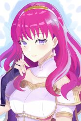 1girl armor aura black_gloves breastplate breasts cape celica_(emblem)_(fire_emblem) celica_(fire_emblem) choker earrings fingerless_gloves fire_emblem fire_emblem_echoes:_shadows_of_valentia fire_emblem_engage gloves highres jewelry long_hair medium_breasts n_54 nintendo princess purple_eyes red_hair solo sparkle sparkling_aura tiara
