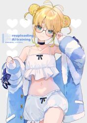 Rule 34 | 1girl, antenna hair, aqua eyes, black choker, blonde hair, blue jacket, bun with braided base, camisole, choker, commentary request, commission, cowboy shot, crop top, double bun, earrings, frilled camisole, frills, fur-trimmed jacket, fur trim, futaba komugi, glasses, green hair, hair bun, highres, indie virtual youtuber, jacket, jewelry, looking at viewer, midriff, multicolored hair, navel, off shoulder, open clothes, open jacket, roko (pe0e07), short eyebrows, shorts, skeb commission, solo, spaghetti strap, streaked hair, thick eyebrows, twitter username, two-tone hair, virtual youtuber, white camisole, white fur, white shorts