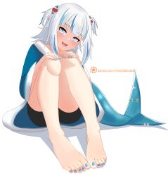 1girl :d absurdres artist_name bare_legs barefoot bike_shorts black_shorts blue_eyes blue_hair blue_hoodie blue_nails blunt_bangs blush commentary english_commentary feet fins fish_tail foot_focus full_body gawr_gura gawr_gura_(1st_costume) grey_hair hands_on_own_knees hands_up highres hololive hololive_english hood hoodie immortalboobs knees_up legs loli looking_at_viewer medium_hair multicolored_hair nail_polish open_mouth paid_reward_available patreon_logo patreon_username shadow shark_girl shark_tail sharp_teeth shorts simple_background sitting smile solo streaked_hair tail teeth toenail_polish toenails toes two_side_up virtual_youtuber watermark web_address white_background white_hair