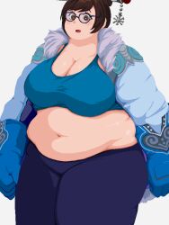 1girl axxjkmmz belly blue-framed_eyewear blue_coat blue_gloves blue_pants blue_shirt breasts brown_eyes brown_hair cleavage coat crop_top fat fat_woman fur-trimmed_coat fur_collar fur_trim glasses gloves hair_bun hair_ornament hair_stick hair_up large_breasts mei_(overwatch) navel open_clothes open_coat open_mouth overwatch overwatch_1 overwatch_2 pants plump shirt short_hair single_hair_bun snowflake_ornament solo standing white_background