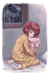 2girls barefoot bed_sheet blue_eyes border box brown_hair child closed_mouth expressionless frederica_bernkastel gift gift_box hair_bobbles hair_ornament highres holding holding_gift hug indoors long_sleeves multiple_girls on_bed pajamas pants pillow prprpkpy shirt short_hair sitting solo_focus tears umineko_no_naku_koro_ni unworn_headwear ushiromiya_ange white_border window yellow_pants yellow_shirt