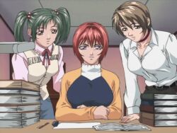 00s 2002 animated animated_gif bible_black bible_black_gaiden book breasts cardigan collar cowboy cowboy_clothes cowboy_western curtains denim denim_shorts green_eyes green_hair long_sleeves lowres miniskirt morita_rie necktie orange_cardigan pink_shirt purple_eyes reading red_hair shido_saki shirt short_hair shorts skirt tagme takashiro_hiroko twintails vest western white_shirt
