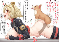 1boy 1girl absurdres animal_ears animal_penis bestiality blonde_hair breast_press breasts brown_eyes burnice_white clothed_sex dog dog_ears dog_penis dog_tail heart highres japanese_text knotted_penis knotting large_breasts medium_hair open_mouth penis sex sex_from_behind speech_bubble sweat tail tongue tongue_out top-down_bottom-up twintails x-ray zenless_zone_zero
