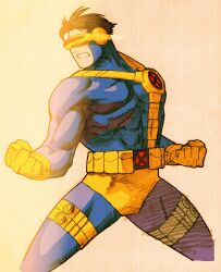 1boy belt bengus blue_bodysuit bodysuit brown_hair capcom clenched_hand clenched_hands cyclops_(x-men) eye_beam game_cg gloves head-mounted_display highres looking_to_the_side male_focus male_underwear marvel marvel_vs._capcom marvel_vs._capcom_2 muscular muscular_male non-web_source short_hair sidelighting solo superhero_costume thigh_strap two-tone_bodysuit underwear utility_belt yellow_gloves yellow_male_underwear