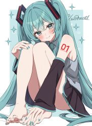 1girl absurdres bare_shoulders barefoot black_skirt black_sleeves blue_background blue_eyes blue_hair blue_nails blue_necktie blush closed_mouth collared_shirt commentary_request dated detached_sleeves double-parted_bangs full_body grey_shirt hand_on_own_foot hasei_(hasei01) hatsune_miku highres knees_up long_hair looking_at_viewer nail_polish necktie number_tattoo pleated_skirt shirt shoulder_tattoo skirt sleeveless sleeveless_shirt smile solo standing tattoo toenail_polish toenails twintails twitter_username very_long_hair vocaloid