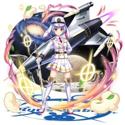1girl alternate_costume animal_ears arm_behind_back blue_hair boots closed_mouth collared_shirt commentary english_commentary full_body galaxy game_cg gloves gun hat highres holding holding_gun holding_weapon jacket leaf long_sleeves looking_at_viewer moon necktie peaked_cap pink_eyes pleated_skirt rabbit_ears rabbit_girl rabbit_tail red_eyes red_necktie reisen_(touhou_bougetsushou) reisen_(touhou_bougetsushou)_(white_rabbit_defensive_team) reisen_(white_rabbit_defensive_team)_(touhou_bougetsushou) rifle rocket rotte_(1109) second-party_source shirt short_hair skirt solo space standing tail touhou touhou_lostword weapon white_boots white_gloves white_hat white_jacket white_shirt white_skirt