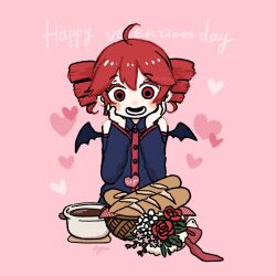Rule 34 | 1girl, ahoge, ayuuu65, bare shoulders, basket, black shirt, blush, bowl, bread, collared shirt, detached sleeves, drill hair, food, hands on own cheeks, hands on own face, happy valentine, heart, kasane teto, kasane teto (utau), open mouth, pink background, red eyes, red hair, shirt, short hair, sidelocks, signature, smile, solo, straight-on, twin drills, twitter username, upper body, utau, watermark, wings