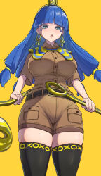 1girl :o absurdres black_thighhighs blue_eyes blue_hair blunt_bangs brown_shirt brown_shorts collared_shirt earrings facial_mark gold gold_buckle gold_hairband gold_headdress gold_headwear hairband highres holding holding_scepter jewelry key_earrings long_hair looking_at_viewer michigami_nareko rh_thunderriver scepter shirt short_sleeves shorts simple_background skindentation solo thick_thighs thighhighs thighs touhou triangle triangle_facial_mark usekh_collar yellow_background