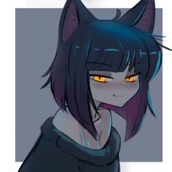 Rule 34 | 1girl, absurdres, ahoge, animal ears, blue hair, blunt bangs, blush, bob cut, border, cat ears, cat girl, colored skin, gradient hair, grey background, grey skin, highres, inverted bob, looking at viewer, multicolored hair, narrowed eyes, nradiowave, off-shoulder sweater, off shoulder, original, purple hair, sideways glance, simple background, smirk, sweater, tapochka (nradiowave), upper body, white border, yellow eyes