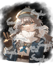 Rule 34 | 1girl, again nuo, belt, blue coat, blue eyes, blue neckerchief, border, brown belt, brown gloves, brown hair, coat, commission, fading border, gloves, grey hat, hand up, hat, highres, long hair, marcus (reverse:1999), mole, mole under eye, neckerchief, open mouth, reverse:1999, sample watermark, scarf, solo, sweat, upper body, v, watermark, white scarf