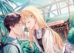 Rule 34 | 1boy, 1girl, aqua shirt, asamura yuuta, ayase saki, backpack, bag, black bag, blonde hair, brother and sister, brown hair, brown jacket, closed eyes, collared shirt, commentary request, earrings, facing another, forehead-to-forehead, gimai seikatsu, hair ornament, hairclip, hand on another&#039;s head, heads together, highres, hiten (hitenkei), jacket, jewelry, long hair, looking at another, official art, open mouth, parted lips, second-party source, shirt, short hair, siblings, smile, step-siblings