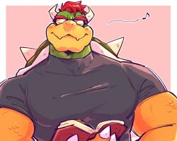 1boy bara biceps black_shirt book bowser claws closed_eyes commentary covered_collarbone covered_pectorals fangs furry furry_male glasses highres holding holding_book horns mario_(series) muscular muscular_male musical_note nintendo pectorals red_hair shirt skin_fangs smile spiked_shell symbol-only_commentary yowasabimechaoc