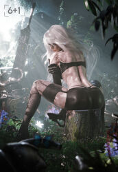 1girl 3d a2_(nier:automata) absurdres android ass blender_(medium) blue_eyes closed_mouth commentary english_commentary from_behind highres long_hair looking_at_another looking_at_viewer median_furrow nier:automata nier_(series) on_tree_stump outdoors pink_lips planted planted_sword planted_weapon seven_(sixplusone) sitting solo sword weapon whale_tail_(clothing) white_hair