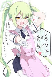 alternate_costume apron blue_archive blue_shorts commentary_request cowboy_shot demon_girl demon_tail frilled_apron frills gloves green_hair green_halo halo heart highres long_hair looking_at_viewer nozomi_(blue_archive) open_mouth pantyhose pantyhose_under_shorts pink_apron pointy_ears shirt short_sleeves shorts simple_background speech_bubble tail translation_request twintails v very_long_hair white_background white_gloves white_pantyhose white_shirt yellow_eyes yucblossom
