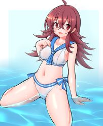 1girl :d ahoge bikini blue_neckerchief blue_sailor_collar blush breasts crossed_bangs full_body hair_between_eyes highres idolmaster idolmaster_shiny_colors komiya_kaho long_hair looking_at_viewer medium_breasts neckerchief open_mouth ranken red_eyes red_hair sailor_collar sailor_swimsuit_(idolmaster) sitting smile solo swimsuit wariza water white_bikini