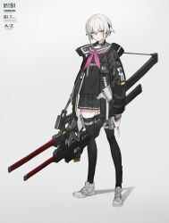 Rule 34 | 1girl, black jacket, black serafuku, black skirt, commentary, fingerless gloves, full body, gloves, grey sailor collar, heavily armed high school girls, highres, ichi (heavily armed high school girls), ichi (neco), jacket, katana, long sword, looking at viewer, neckerchief, neco, open clothes, open jacket, pink neckerchief, pleated skirt, sailor collar, scabbard, school uniform, serafuku, sheath, shoes, short hair, simple background, skirt, sneakers, solo, standing, sword, thighhighs, weapon, white background, white hair, white shoes, yellow eyes