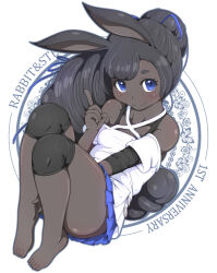 1girl animal_ears barefoot black_hair blue_eyes blue_skirt blush camisole closed_mouth commentary_request compression_sleeve dark-skinned_female dark_skin full_body hanoyama high_ponytail long_hair looking_at_viewer miniskirt pleated_skirt ponytail rabbit_and_steel rabbit_ears rabbit_girl sitting skirt smile sniper_rabbit solo very_dark_skin white_background white_camisole