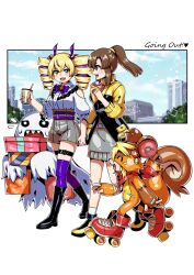 2girls bakemon bare_shoulders black_boots black_jacket blonde_hair boots box breasts brown_eyes brown_hair bubble_tea clothing_cutout digimon digimon_(creature) digimon_card_game digimon_liberator diti_(selecta) drill_hair english_text food_request full_body green_eyes grey_shorts grey_skirt group_picture high-waist_shorts high_ponytail highres holding holding_box holding_hands interlocked_fingers jacket kinosaki_arisa long_hair medium_breasts multicolored_hair multicolored_jacket multiple_girls official_alternate_costume ponytail purple_hair roller_skates sheet_ghost shirt shoeshoemon shorts shoulder_cutout skates skirt squirrel_costume squirrel_girl twin_drills two-tone_hair two-tone_jacket violet_inboots white_shirt yellow_jacket