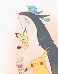 animal_focus annoyed bug closed_eyes closed_mouth creatures_(company) game_freak gen_1_pokemon gen_2_pokemon looking_up nintendo no_humans on_head pichu pikachu pokemon pokemon_(creature) seisinnenrei8 smile twitter_username typhlosion weedle wooper