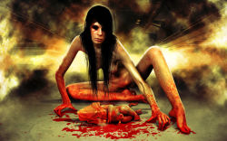 alma_wade baby giving_birth blood empty_eyes f.e.a.r. gradient_background no_eyes pussy umbilical_cord what